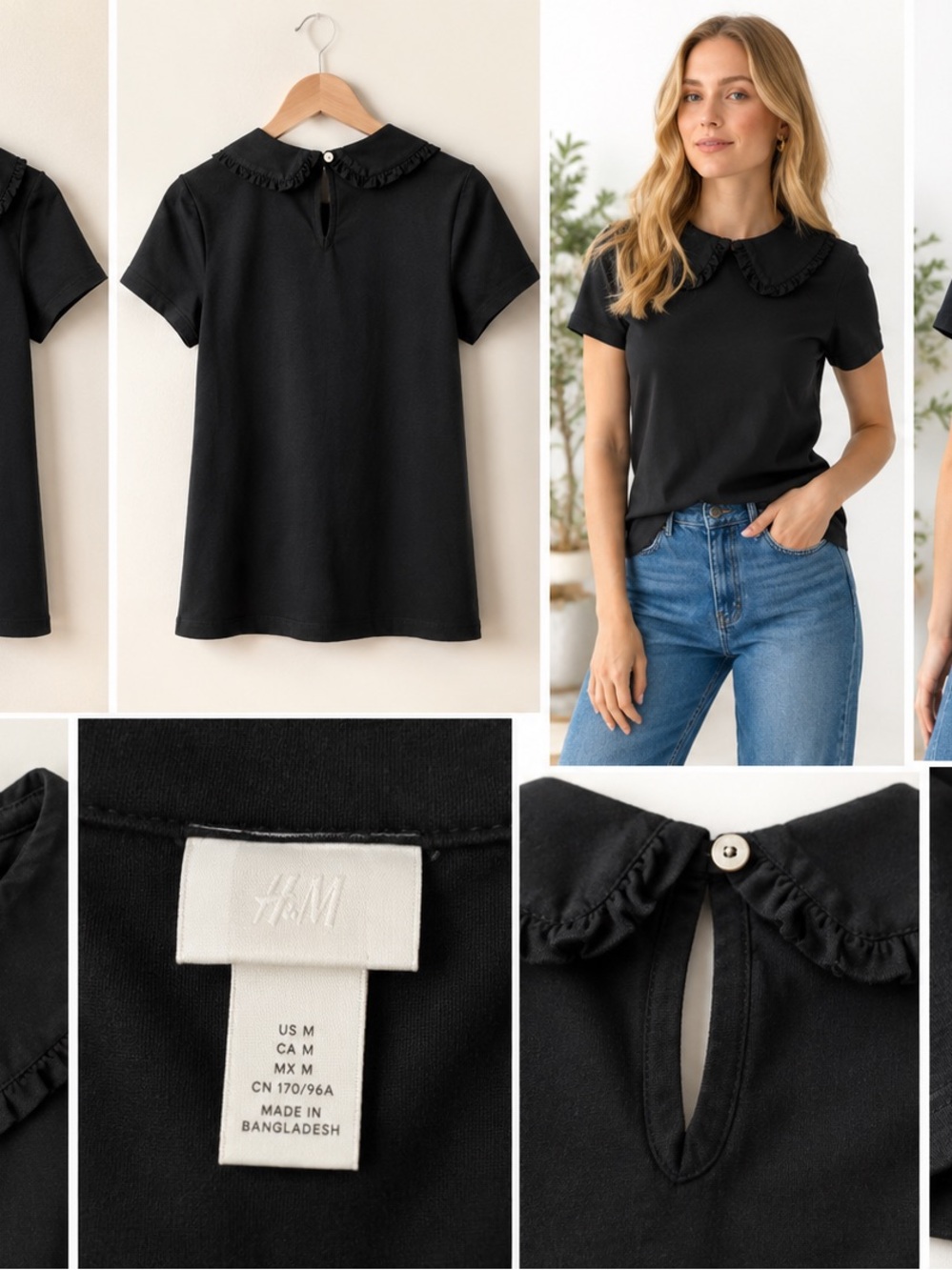H&M Black Short Sleeve Top with Ruffle Collar